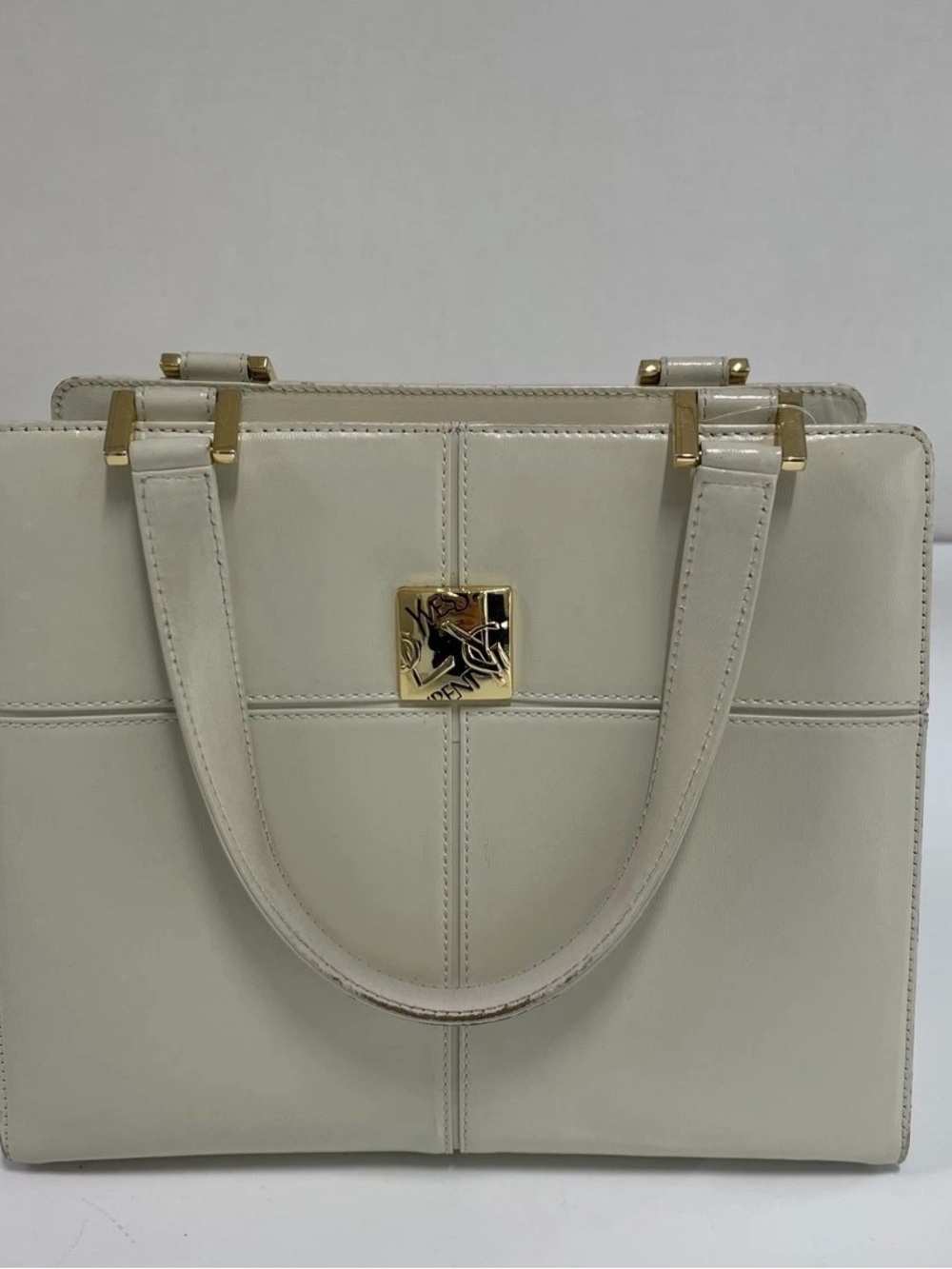 Yves Saint Laurent Cream Leather Tote with Gold Logo Plaque